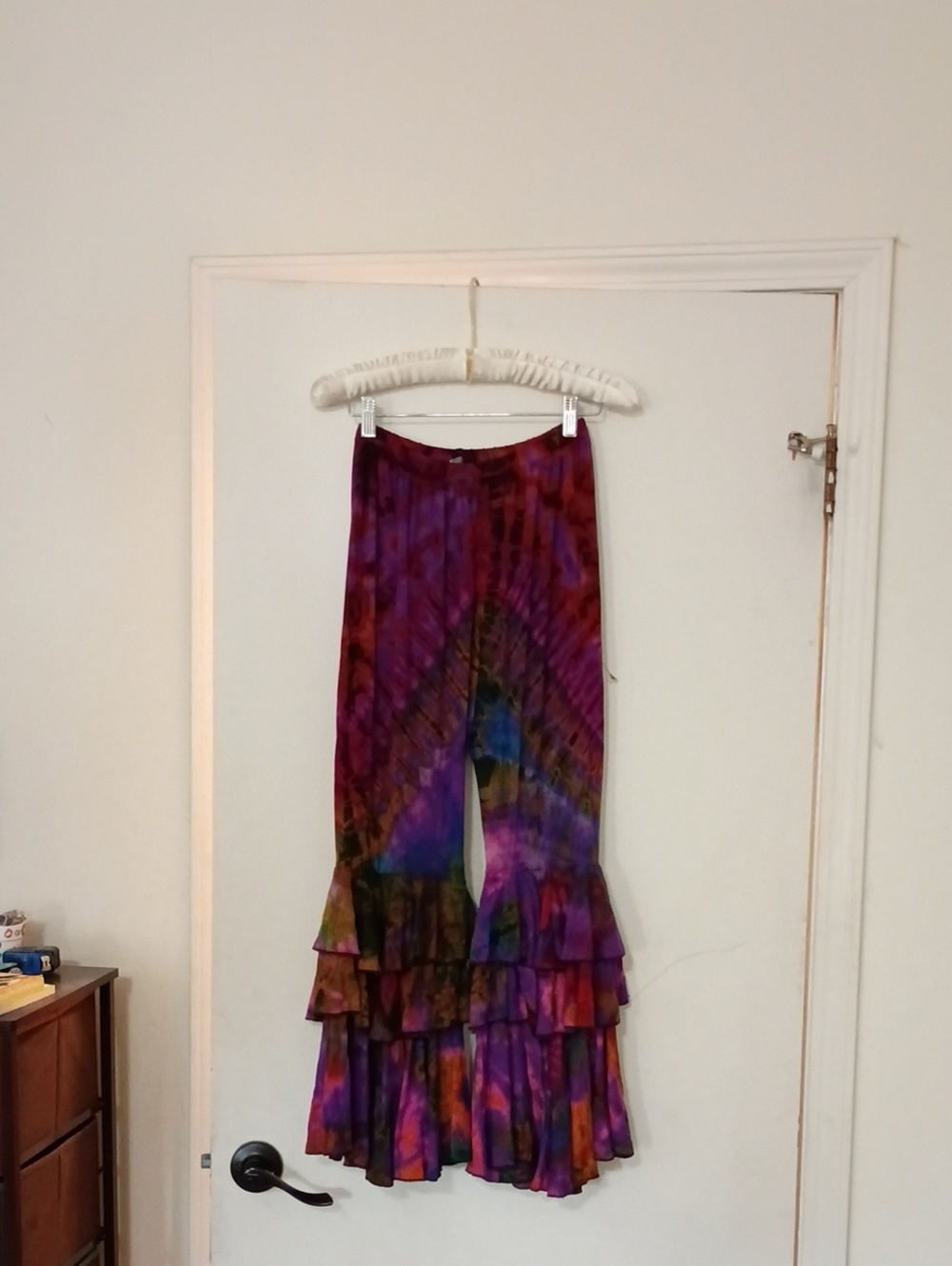 Bohemian Tie-Dye Tiered Ruffle Pants- Purple Multi S